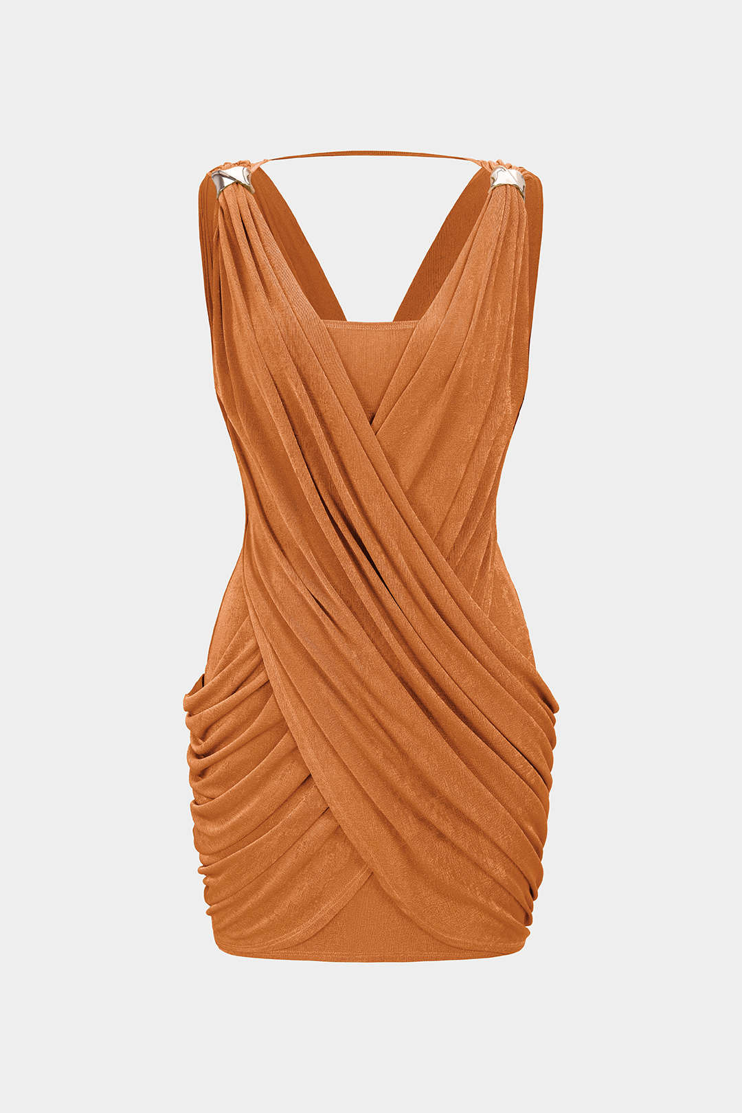 Crossed V-Neck Ruched Metallic Decor Sleeveless Mini Dress
