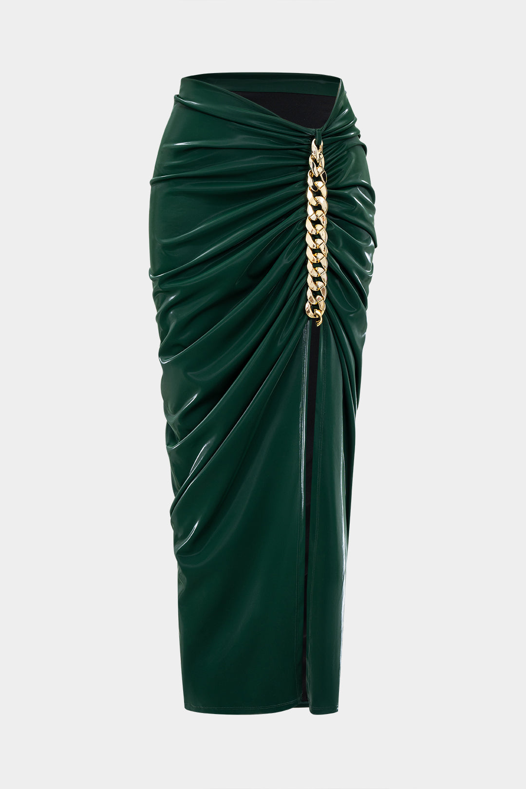 Faux Leather Metallic Chain Ruched Asymmetrical Skirt