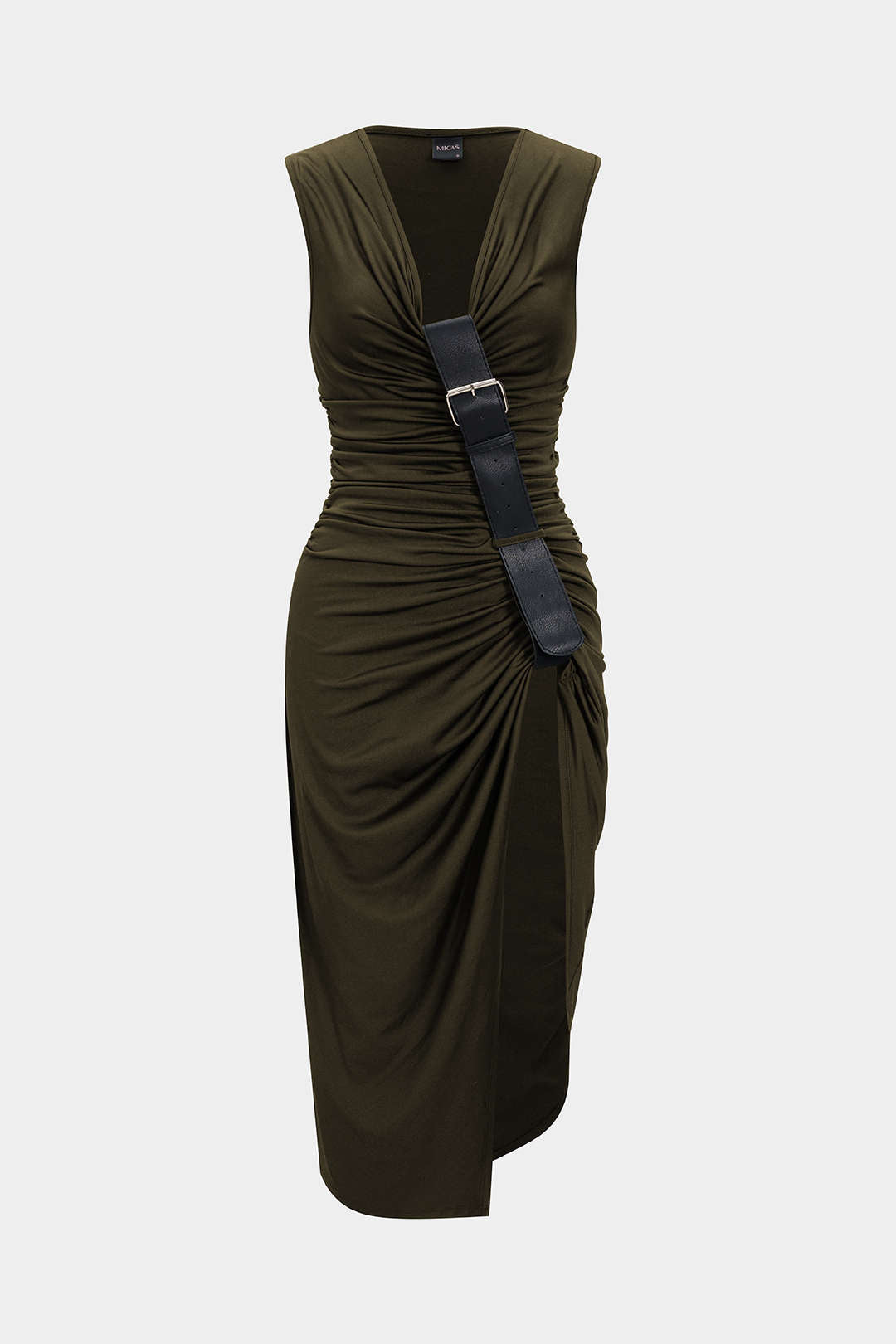 Ruched V-Neck Slit Asymmetrical Sleeveless Midi Dress
