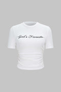 Letter Embroidery Round Neck Ruched Short Sleeve T-Shirt