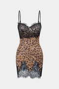 Leopard Print Lace Patchwork Backless Sleeveless Mini Dress