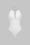 Metallic Decor Halter Neck Ruched Sleeveless Backless Bodysuit