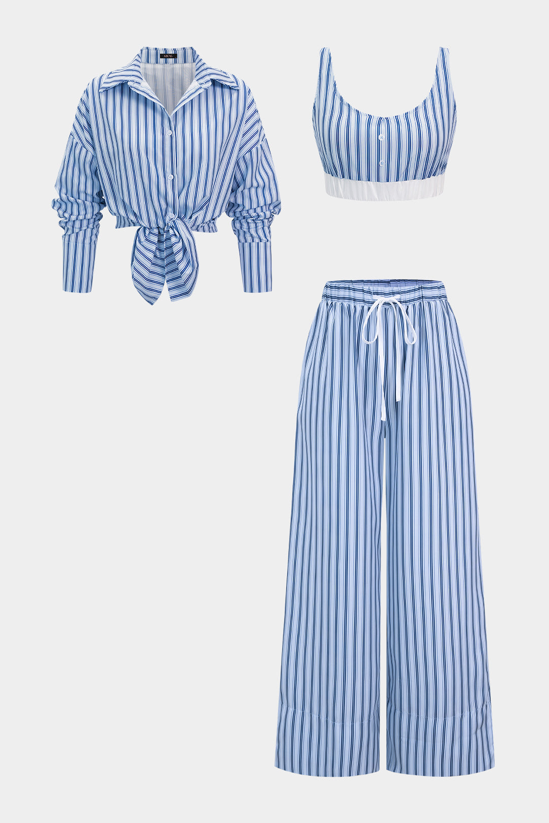 Stripes Print Cropped Tank Top And Long Sleeve Shirt And Drawstring Wide Leg Pants Set