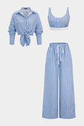 Stripes Print Cropped Tank Top And Long Sleeve Shirt And Drawstring Wide Leg Pants Set