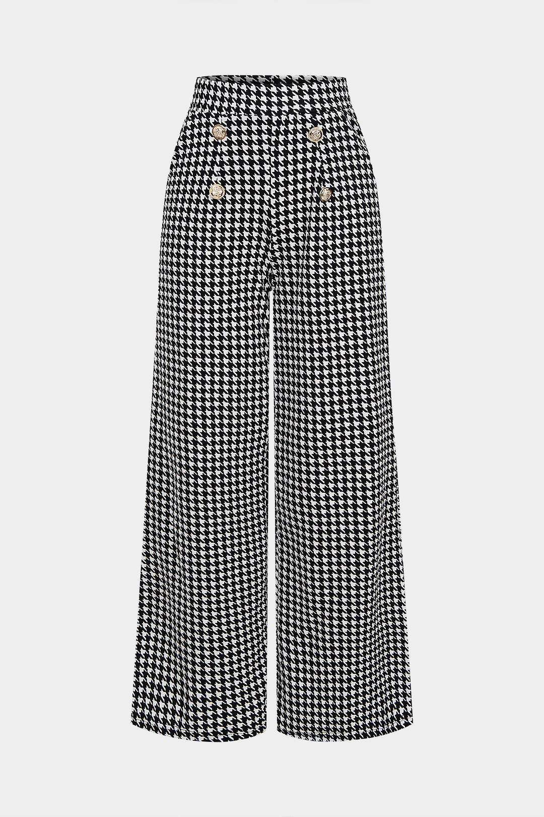 Houndstooth Print High Waist Button Wide Leg Pants