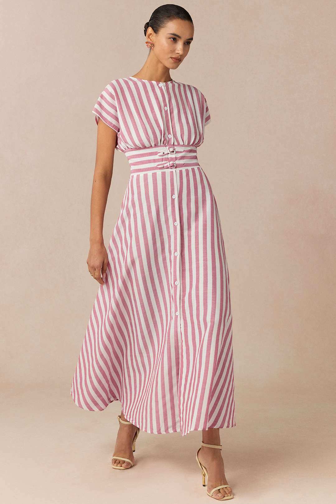 Stripes Print Round Neck Button Flutter Sleeve Dress