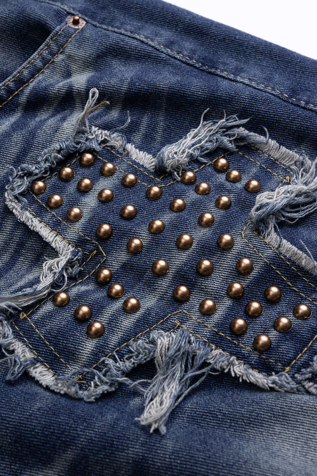 Denim Letter Print Frayed Studded Pocket Wide Leg Jeans