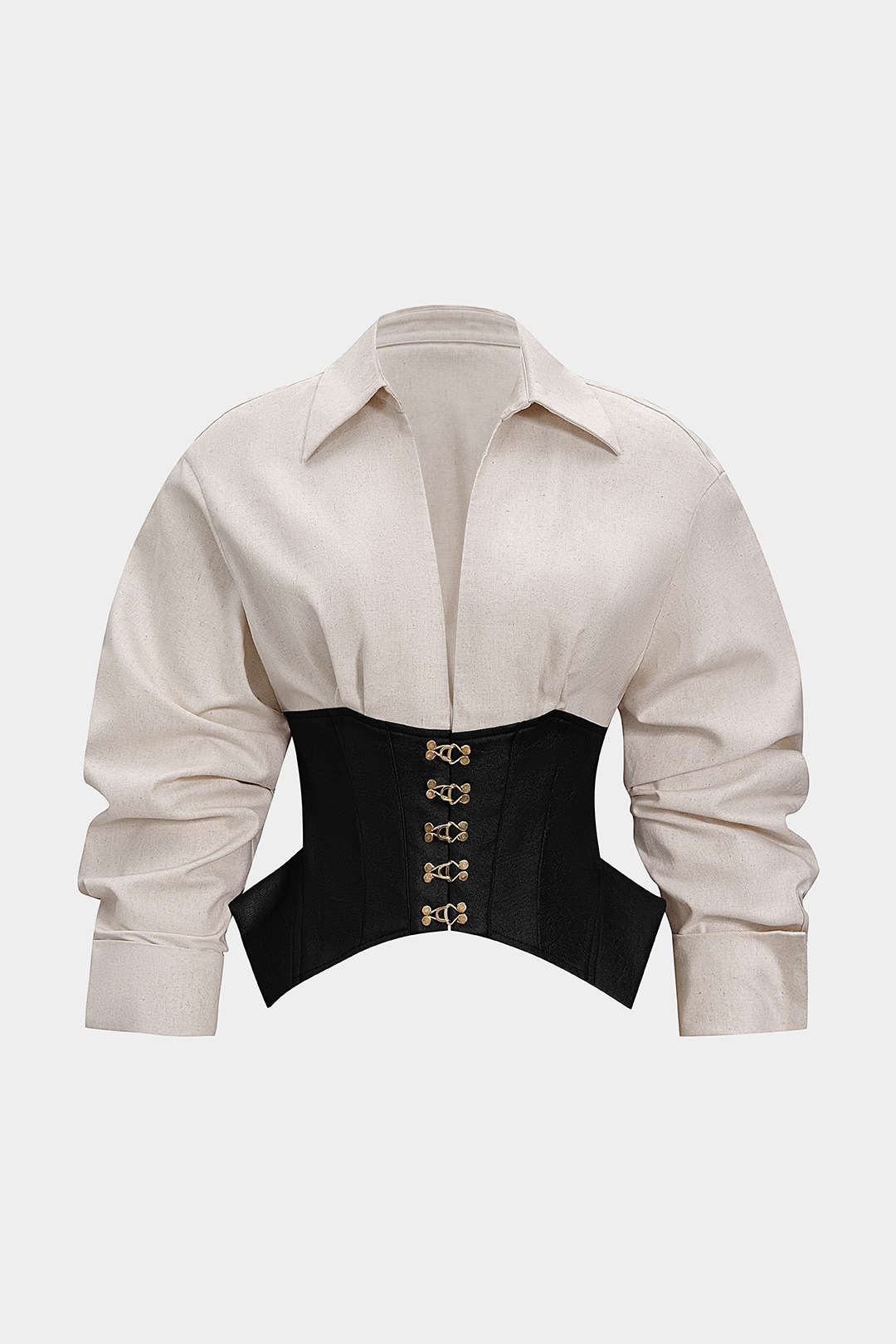Linen Patchwork Metallic Buckle Long-Sleeve Shirt