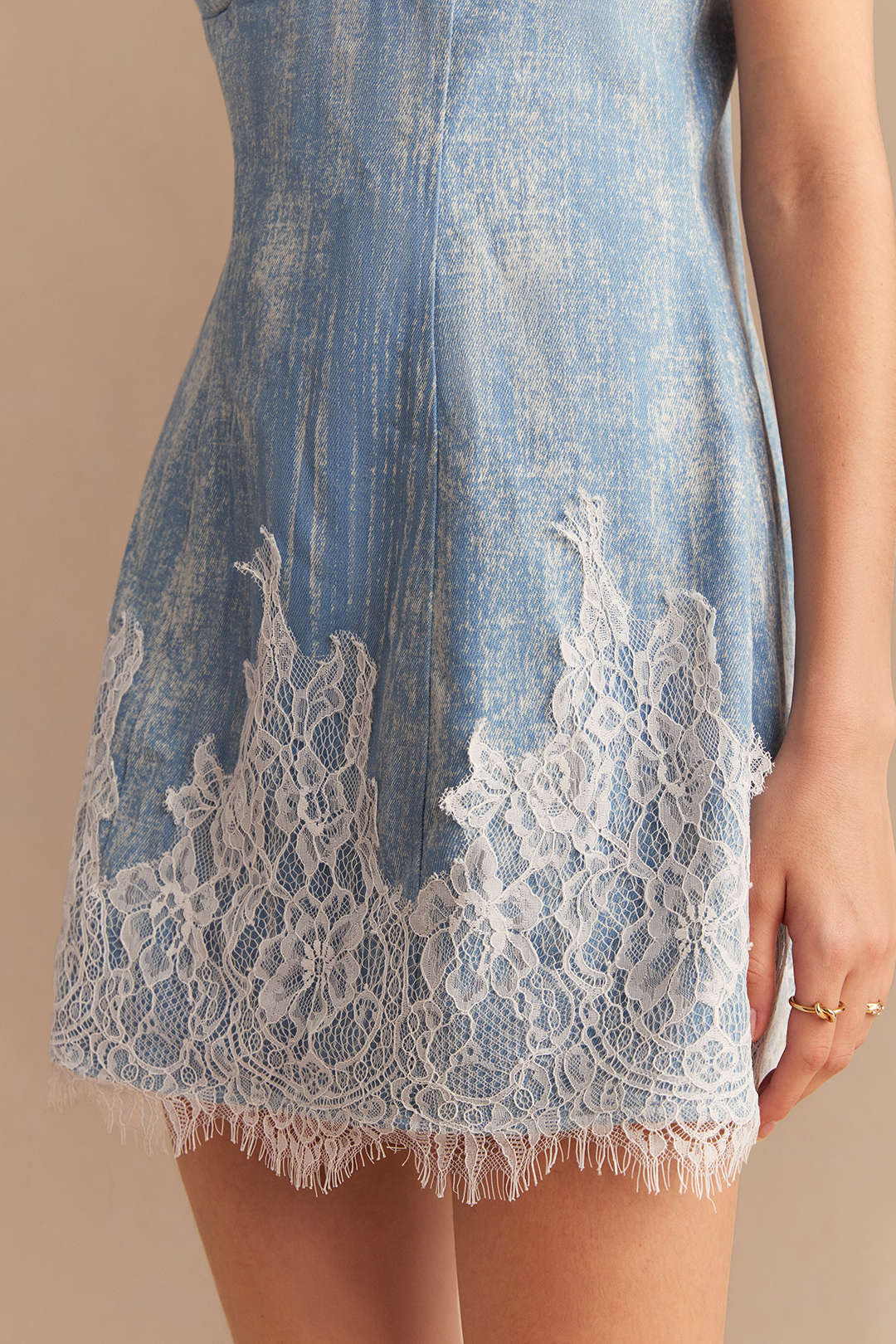 Denim Patchwork Lace Trim Zipper Sleeveless Mini Dress