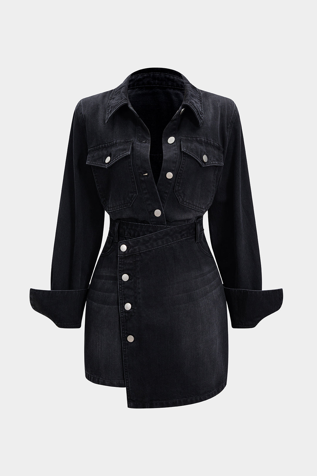 Denim Button Long-Sleeve Top And High Waist Mini Skirt Set