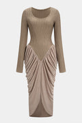 Round Neck Patchwork Ruched Long Sleeve Maxi Dress