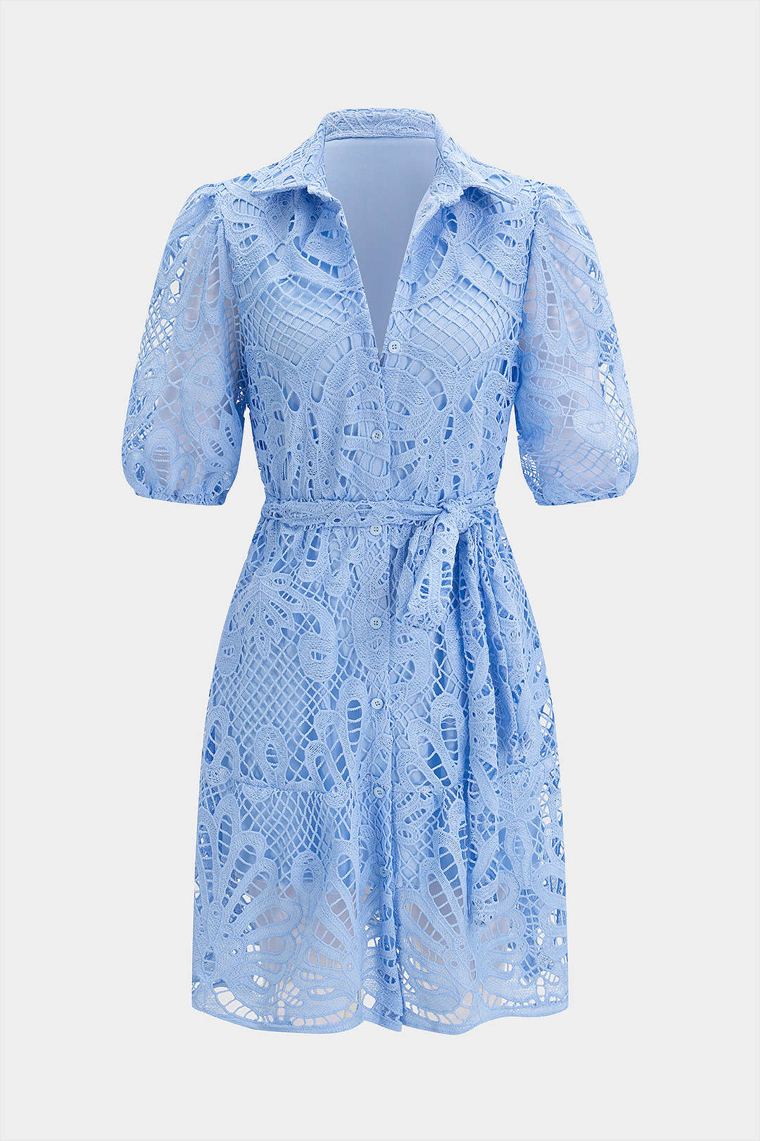 Lapel Lace Hollow Out Button Short Sleeve Midi Dress