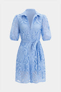 Lapel Lace Hollow Out Button Short Sleeve Midi Dress