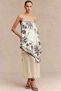 Leaf Print Patchwork Sequin Beaded Sleeveless Midi Dress