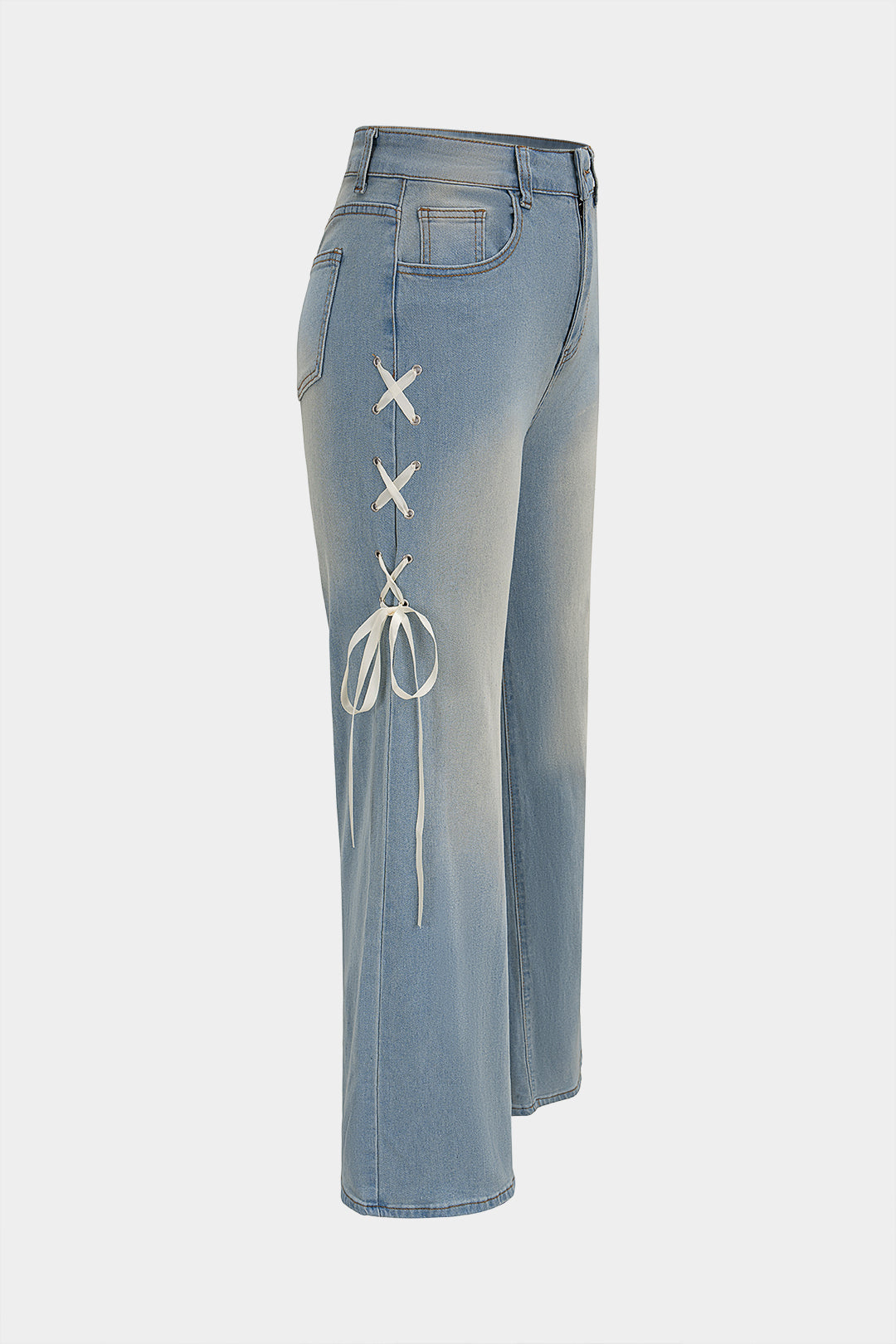 Denim Crossed Tie-Up High Waist Straight Leg Jeans