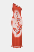 Floral Print Mesh One Shoulder Twist Knot Sleeveless Maxi Dress