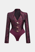 Floral Print Jacquard Notched Lapel Long Sleeve Bodysuit