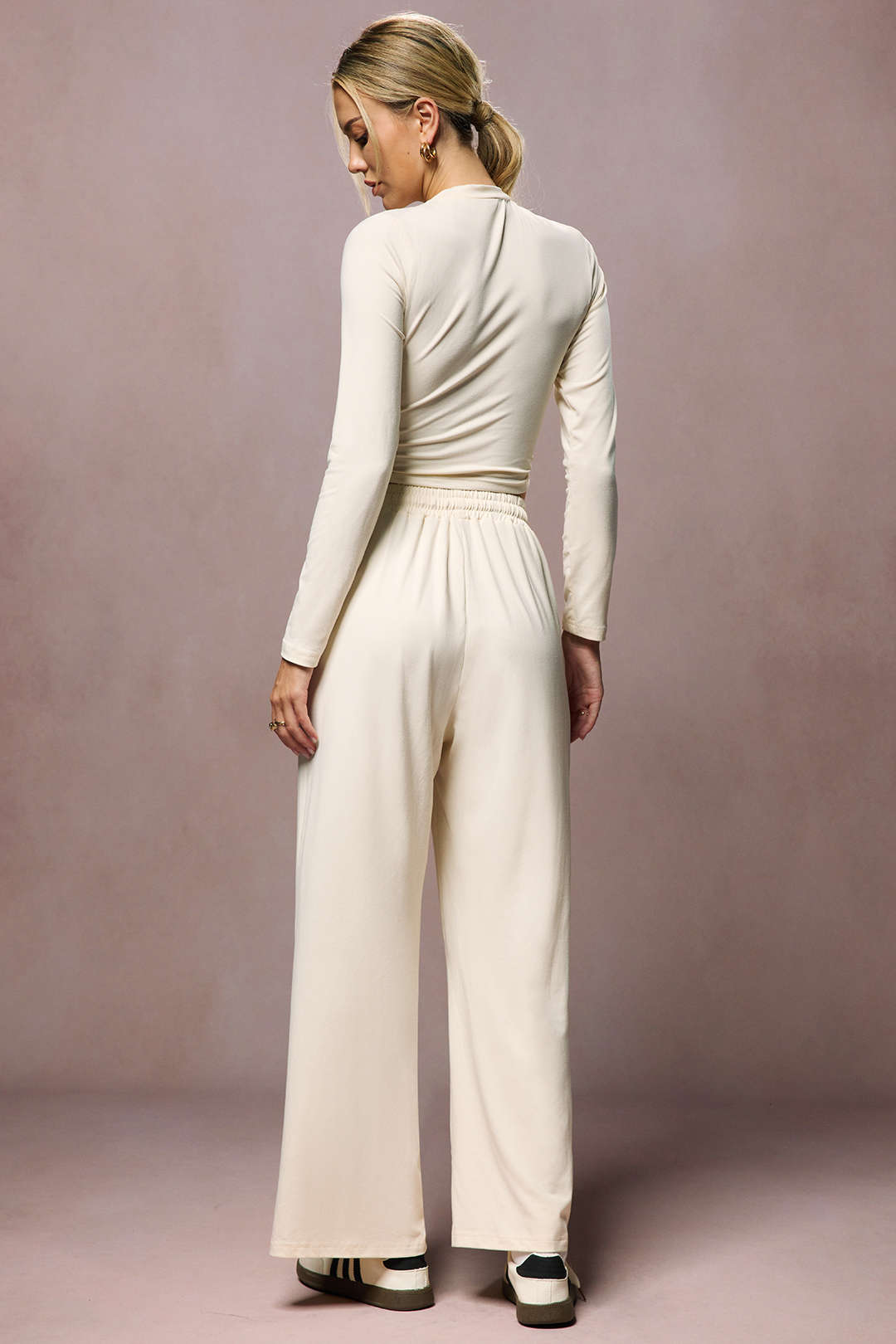Ruched Long-Sleeve Top And Tie-Up High Waist Wide Leg Trousers Set