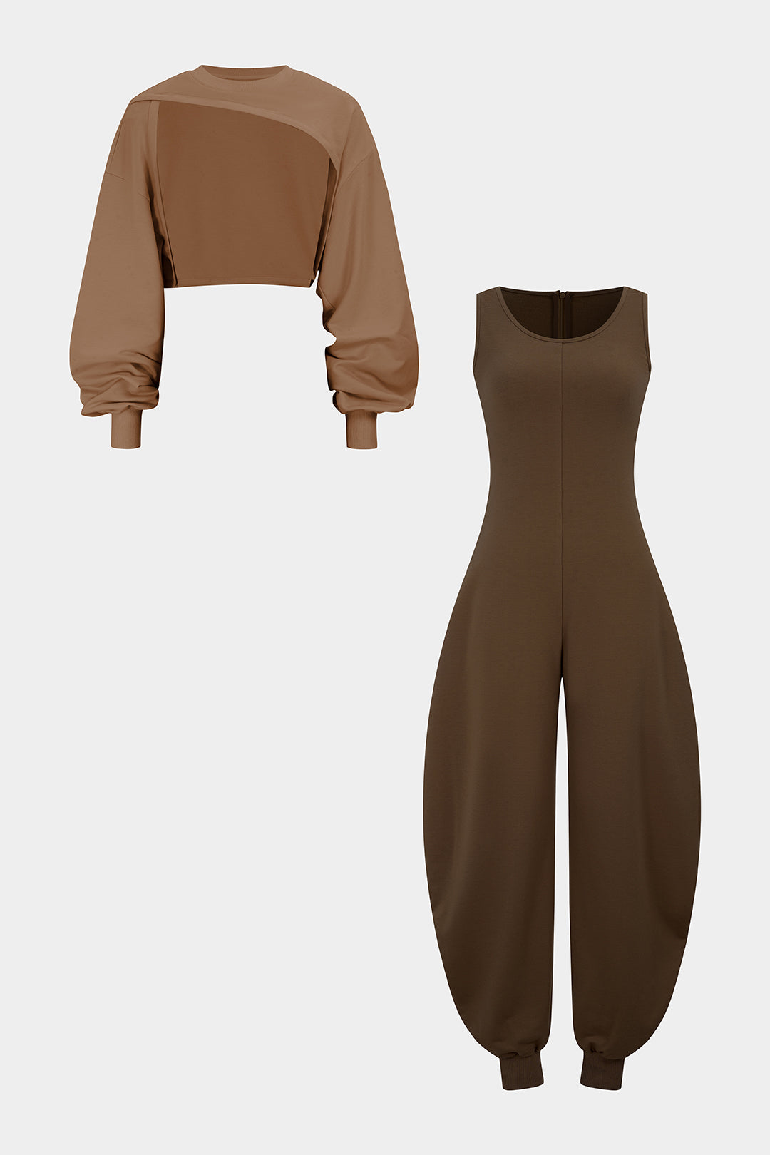 Solid Long-Sleeve Top And Sleeveless Jumpsuit Set