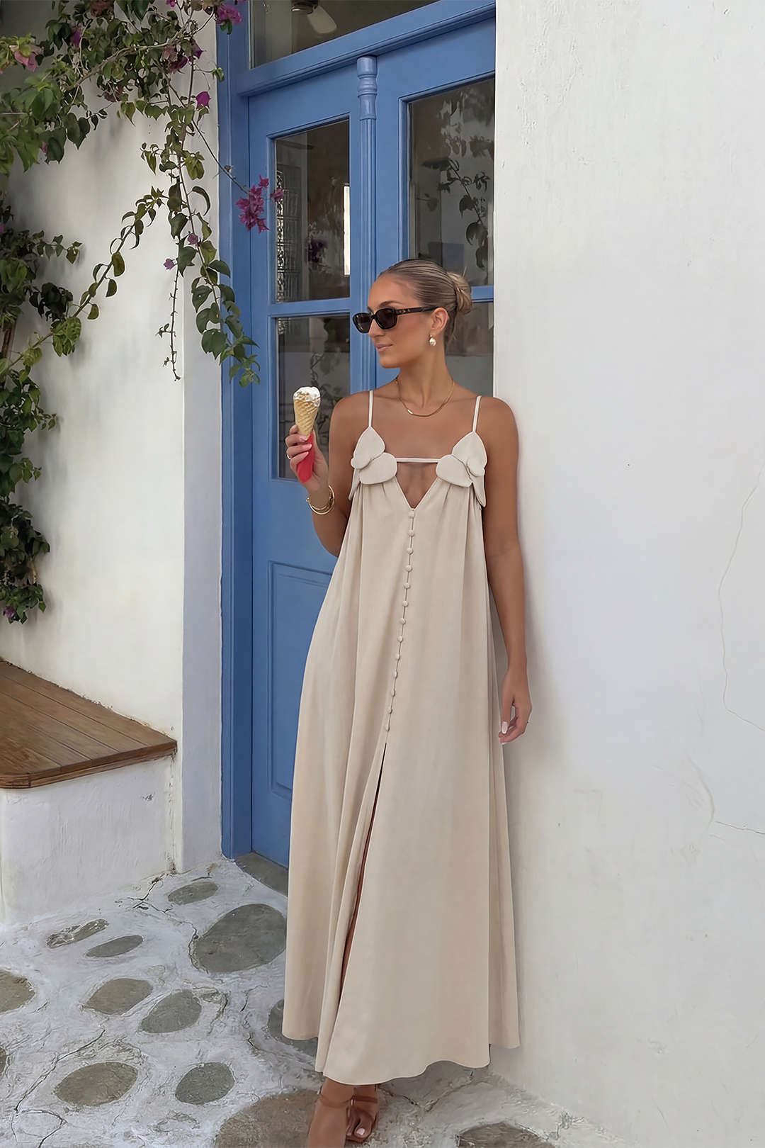 Linen 3D Floral V-Neck Button Sleeveless Slip Maxi Dress