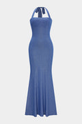 Textured Halter Tie Back Backless Sleeveless Maxi Dress