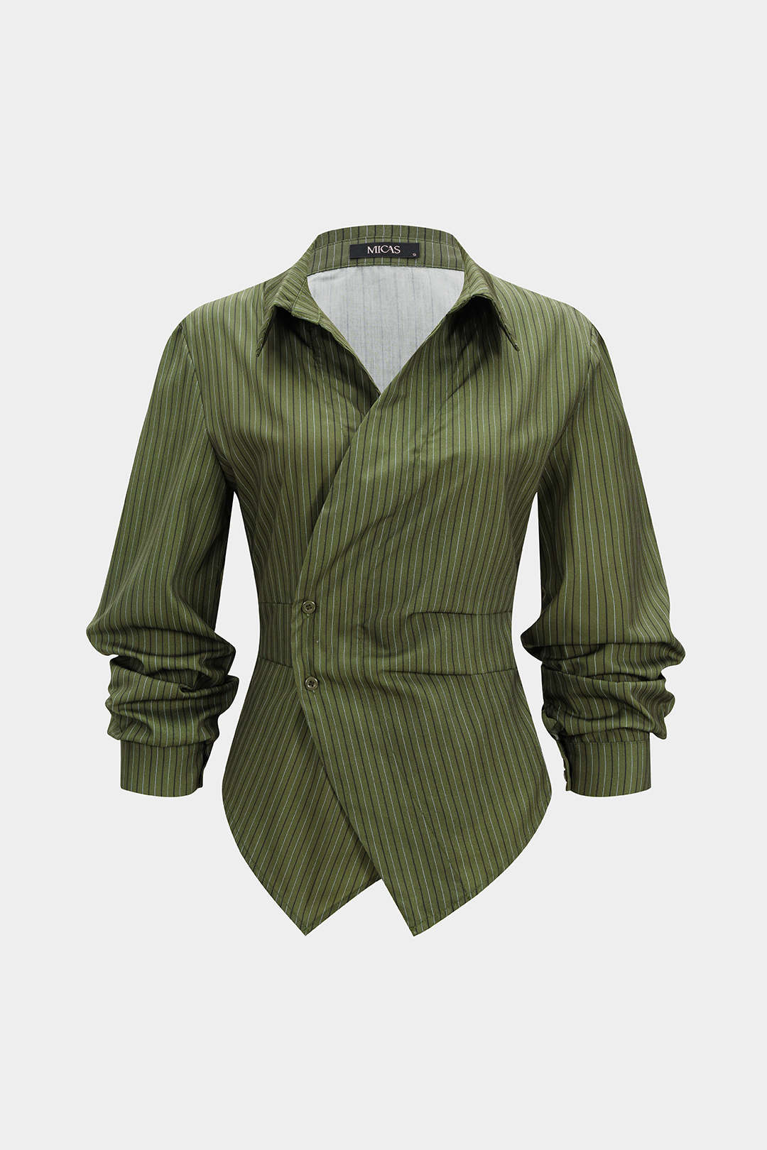 Stripes Print V-Neck Ruched Long-Sleeve Shirt