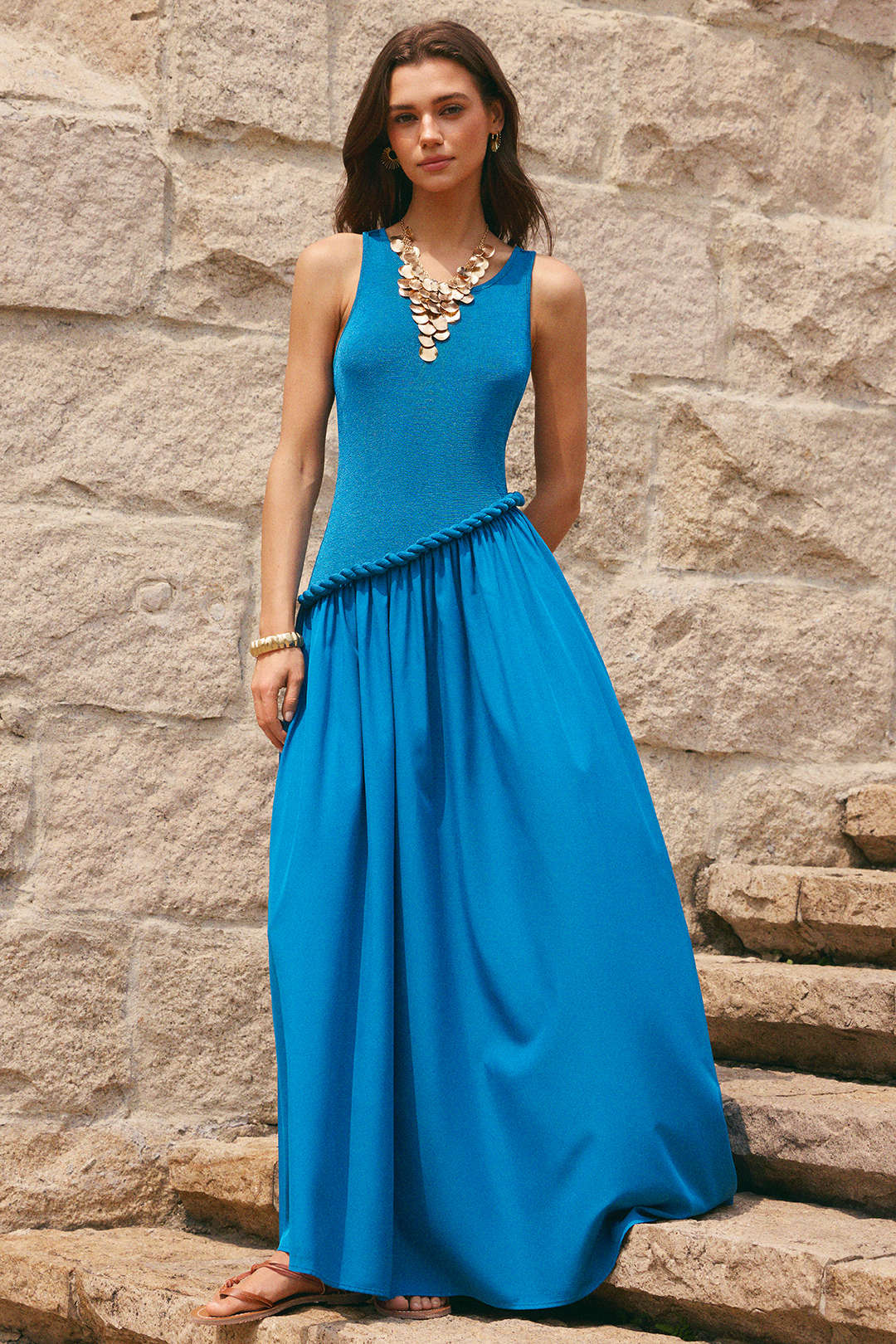 Patchwork Round Neck Twist Knot Sleeveless Maxi Dress