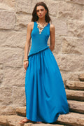 Patchwork Round Neck Twist Knot Sleeveless Maxi Dress
