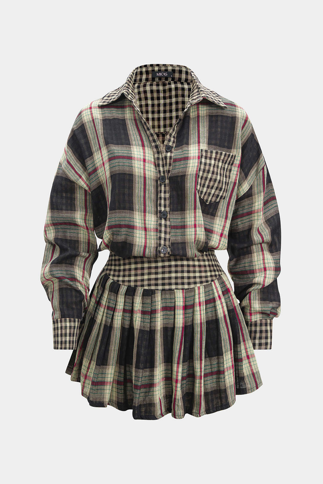 Plaid Print Button Long-Sleeve Shirt And Mini Skirt Set