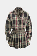 Plaid Print Button Long-Sleeve Shirt And Mini Skirt Set