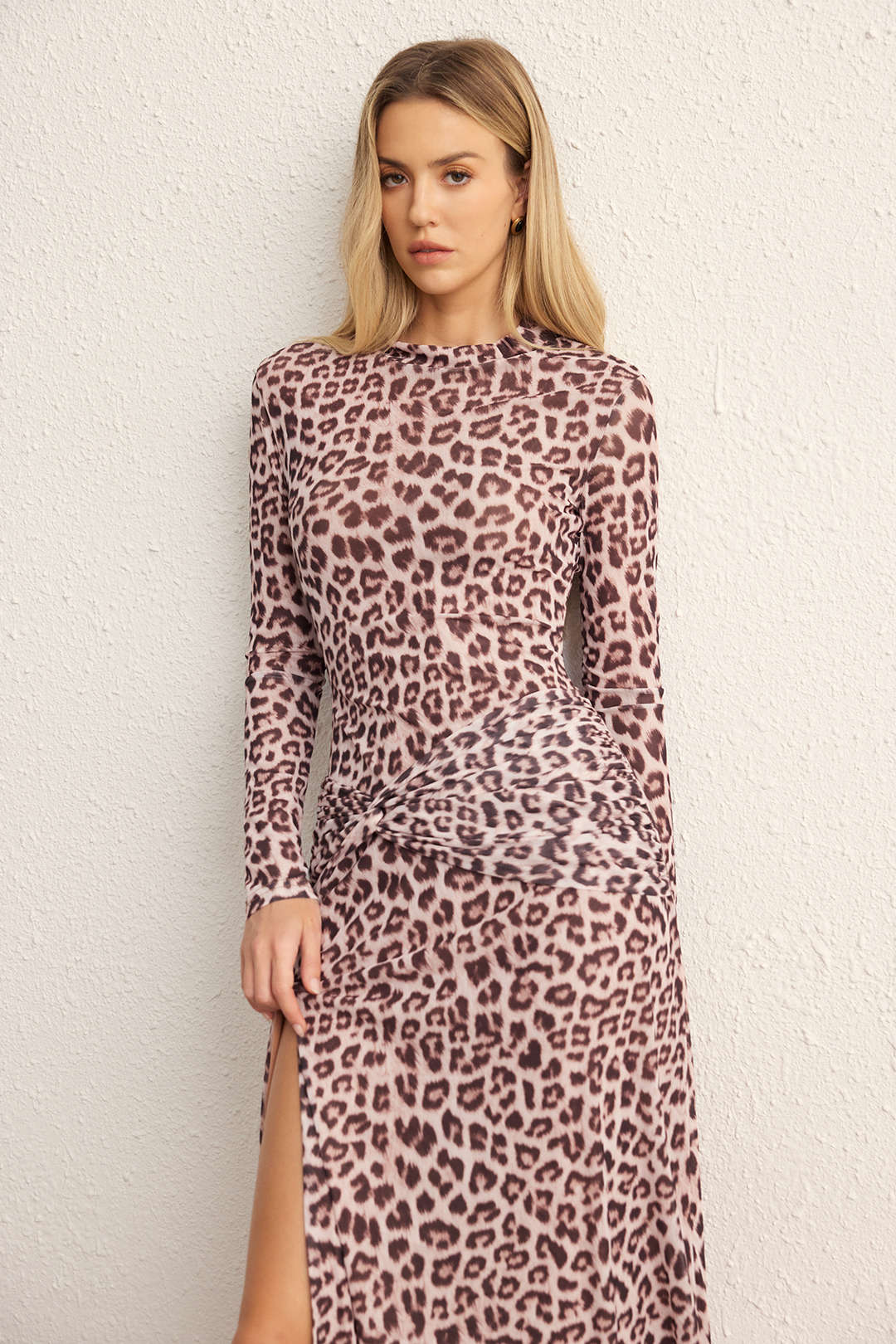 Leopard Print Mesh Ruched Slit Long Sleeve Midi Dress