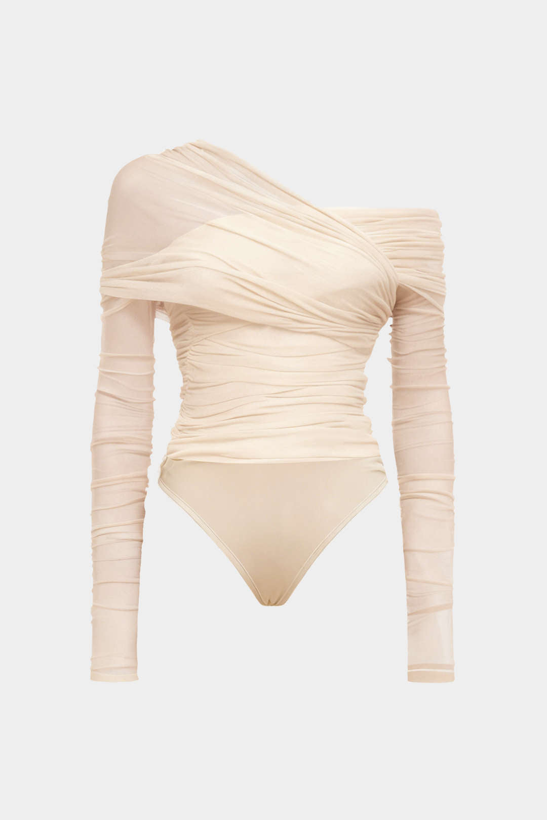 Mesh Ruched One Shoulder Asymmetrical Corssed Ruched Bodysuit