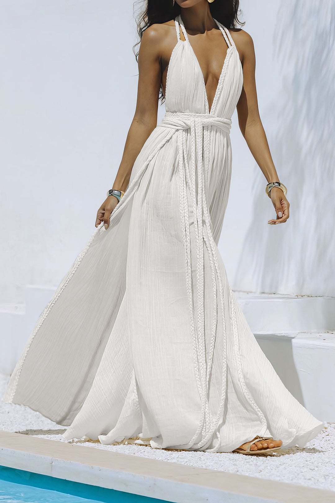 Halter V-Neck Belted Backless Sleeveless Maxi Dress