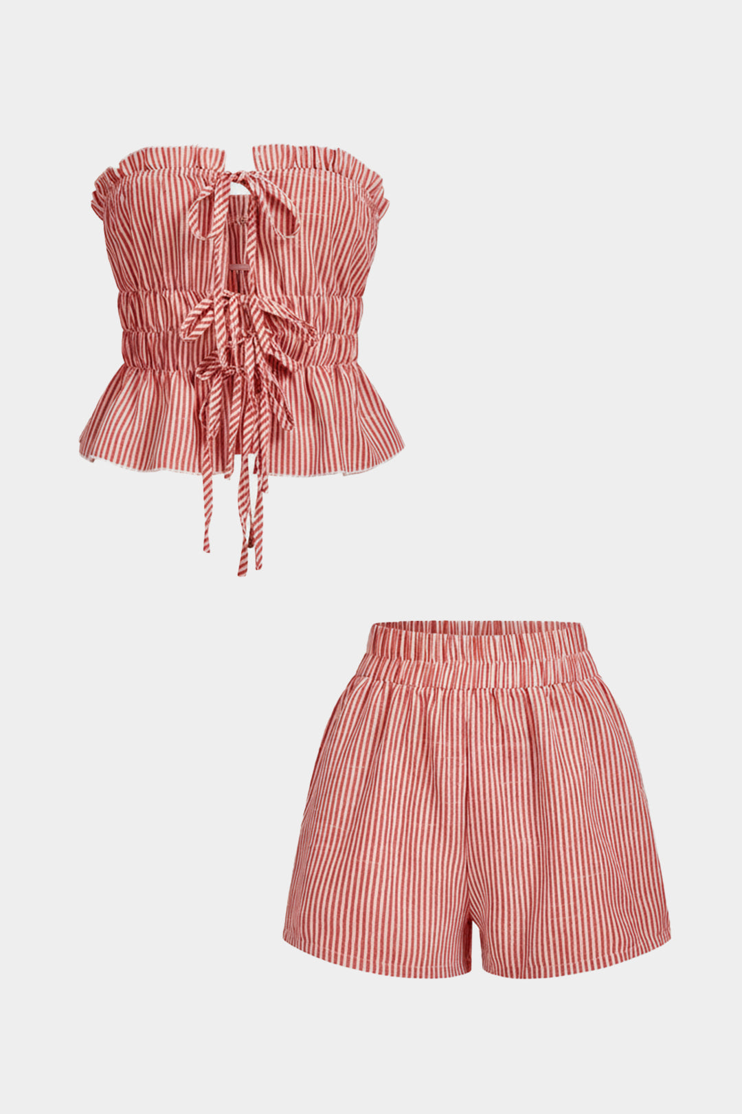 Stripes Print Ruffle Tie-Up Tube Top And Shirred Waistband Shorts Set