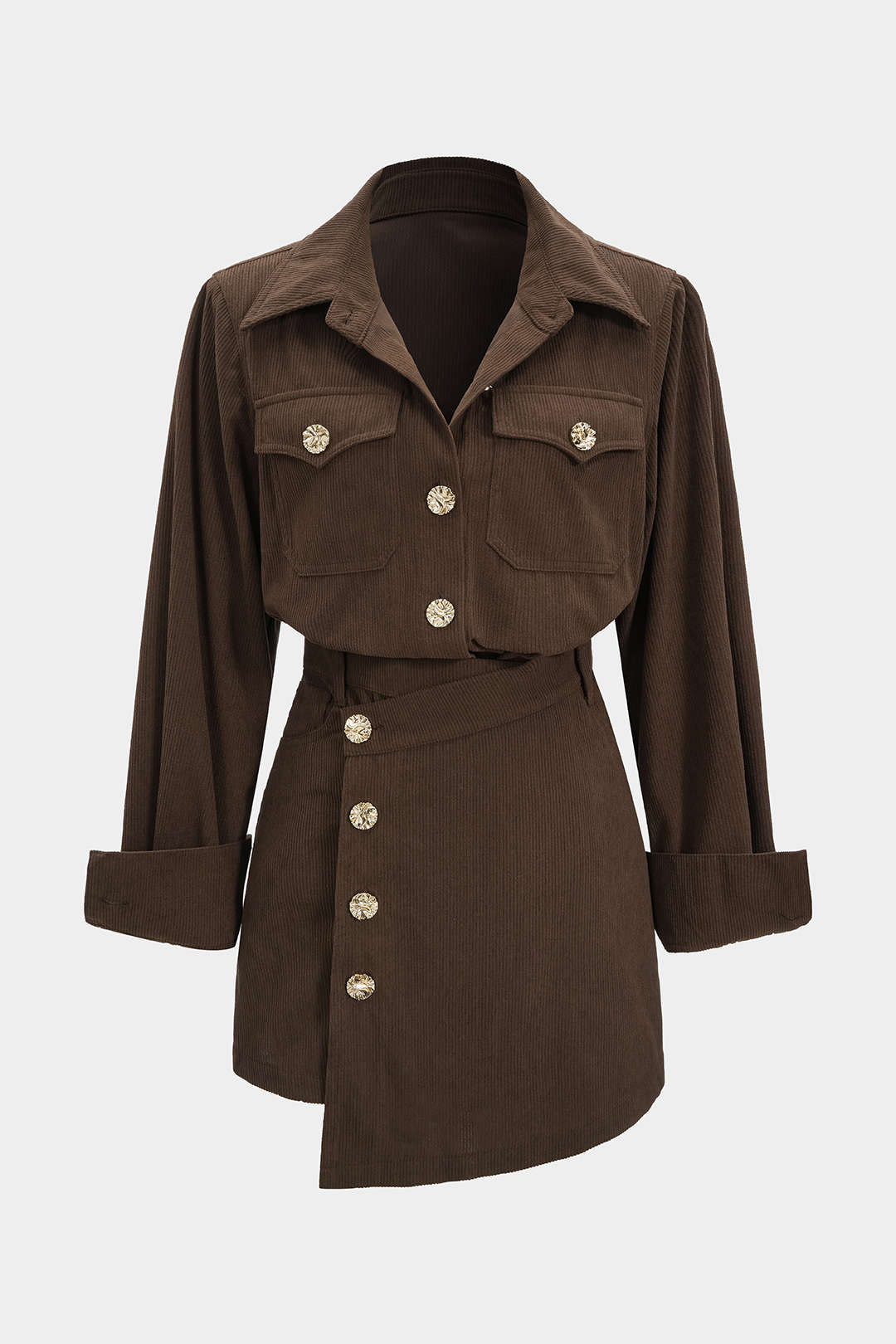 Corduroy Button Long-Sleeve Shirt And Button Skirt Set