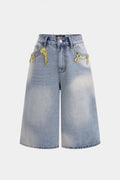 Denim Metallic Decor Wide Leg Shorts