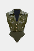 Faux Leather Button Patchwork Tank Sleeveless Bodysuit