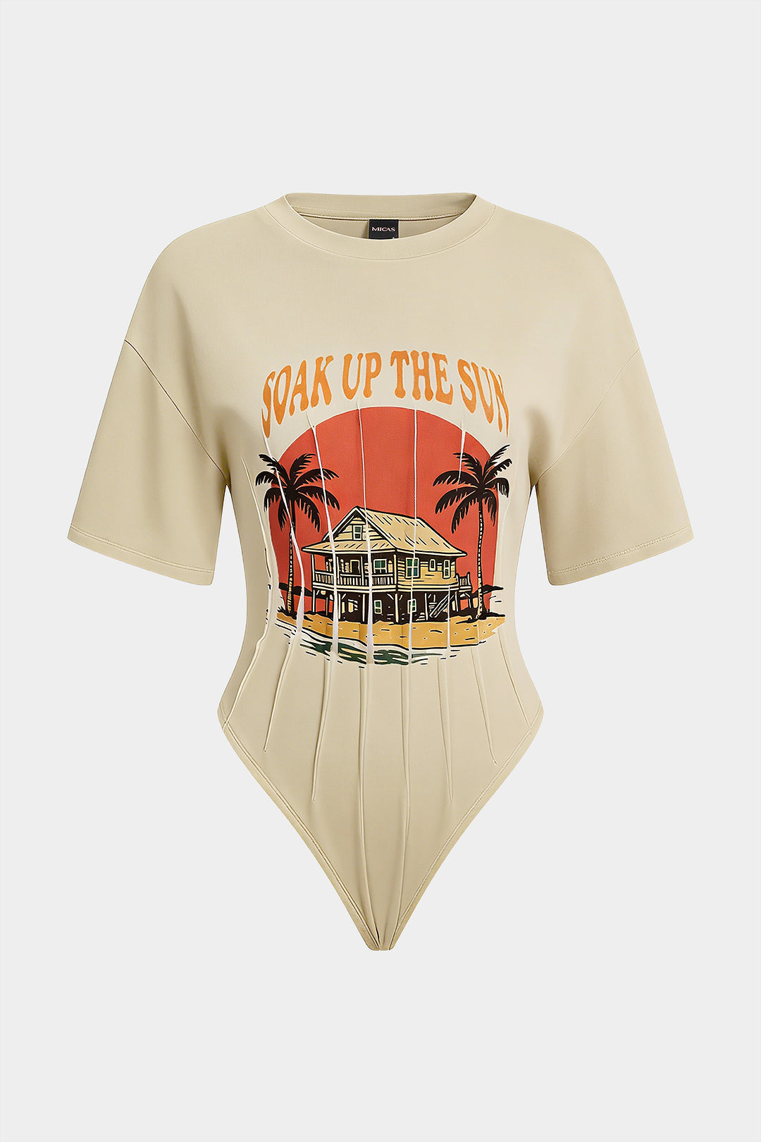 Coconut Palm Letter Print Round Neck Short Sleeve Bodysuit