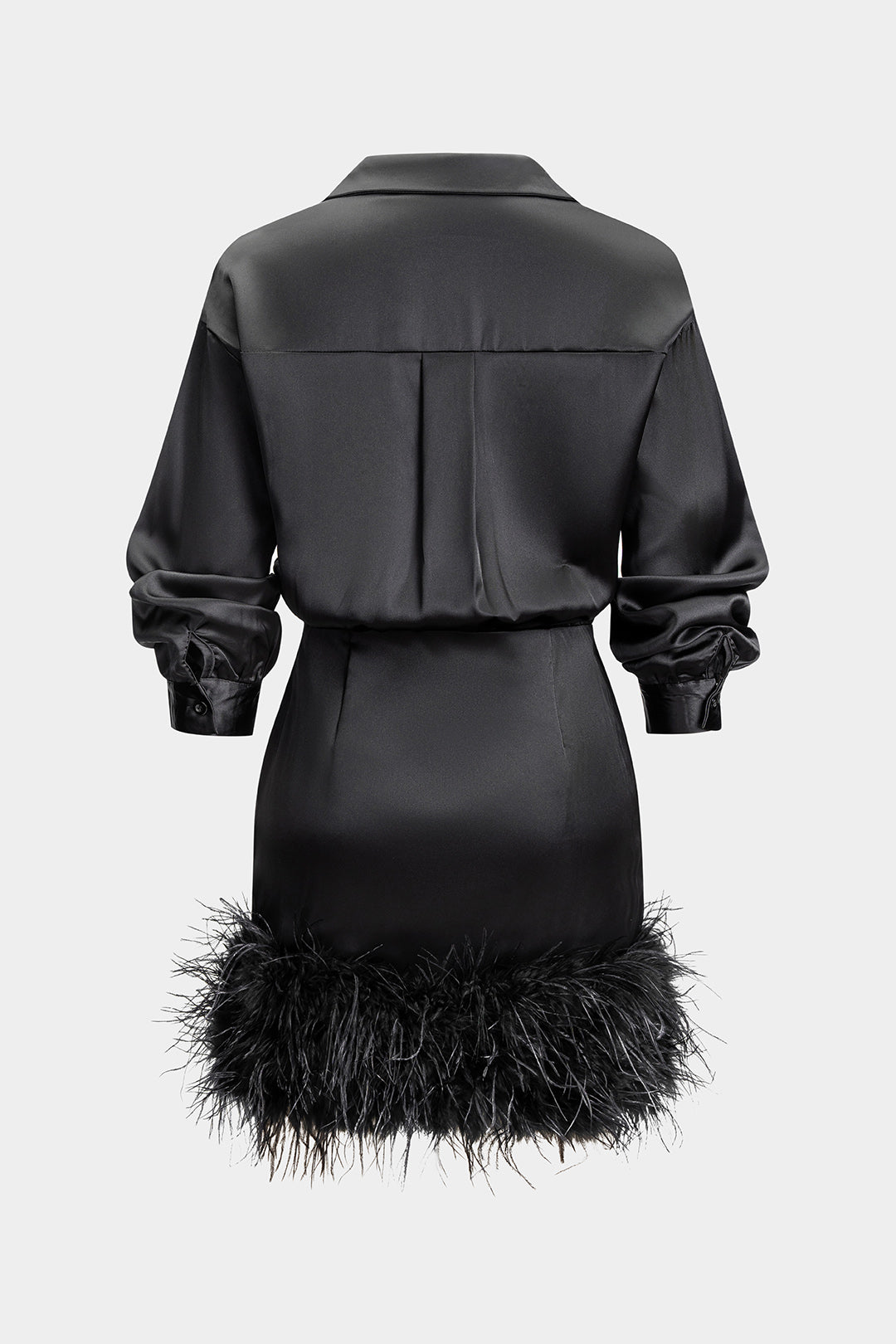 Satin Patchwork Feather Trim Long Sleeve Midi Dress