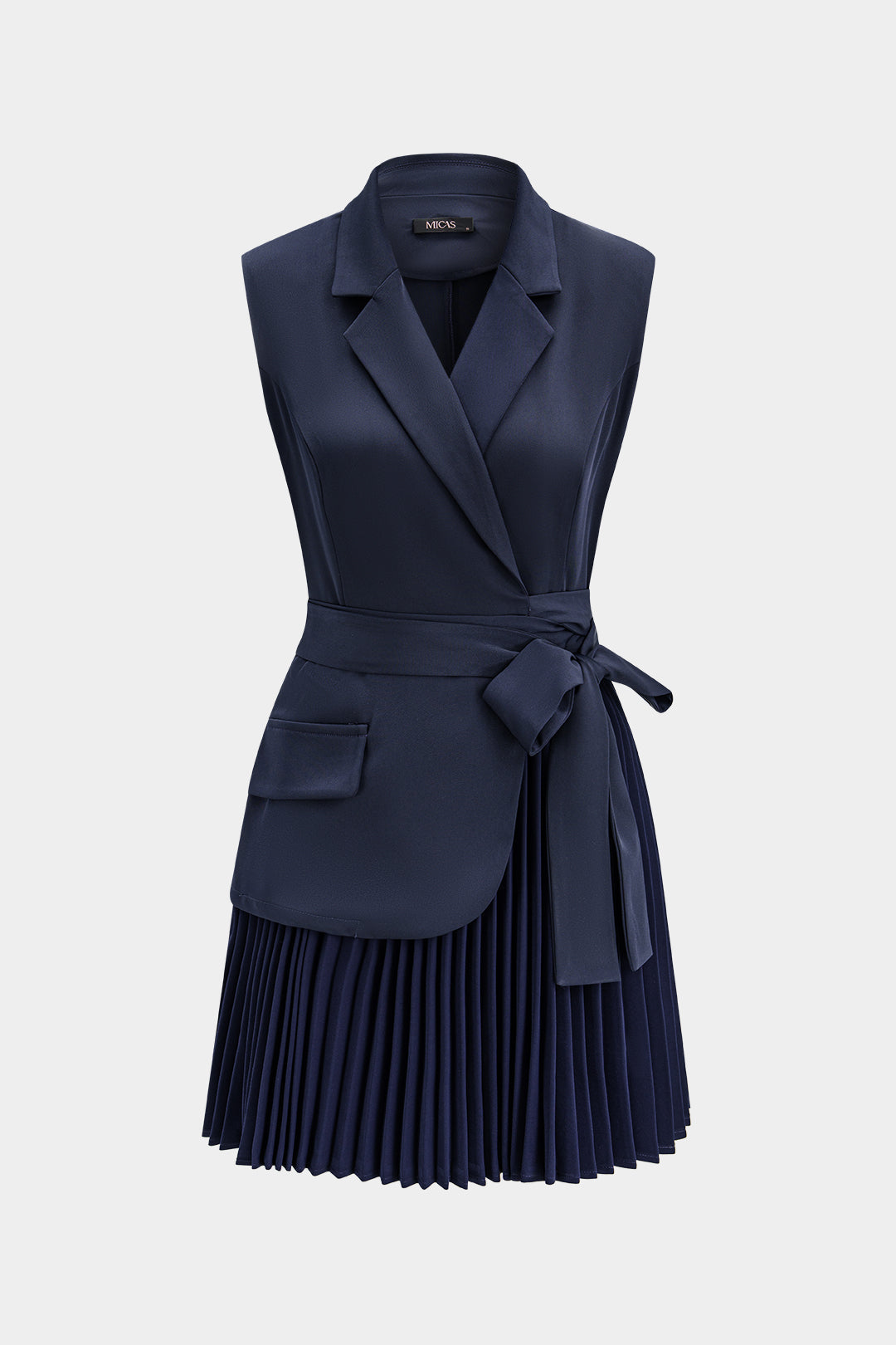 Notched Lapel Tie-Up Pleated Sleeveless Mini Dress