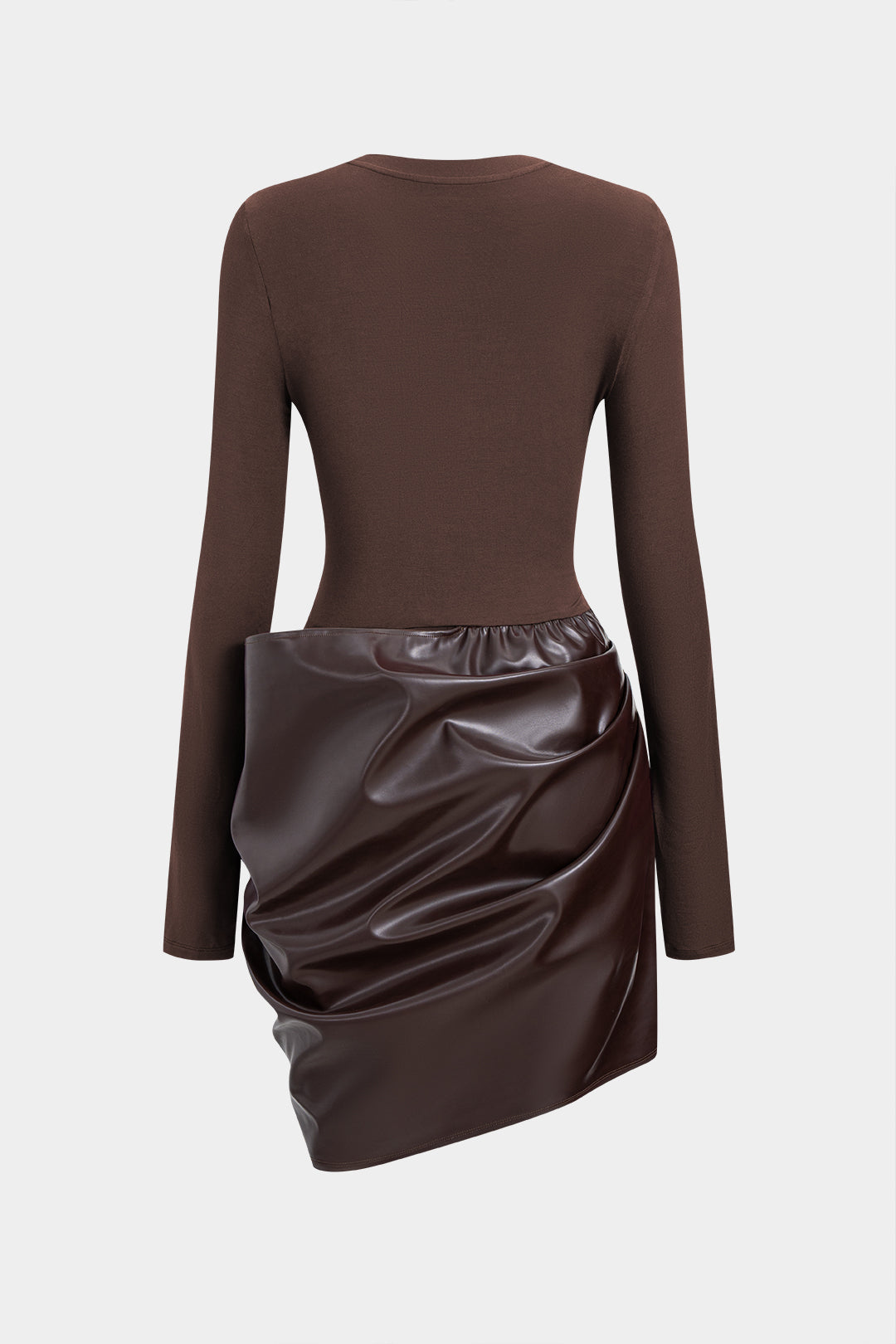 Faux Leather Patchwork Round Neck Tie Up Long Sleeve Midi Dress