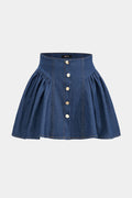 Denim Ruched Button High Waist Skirt