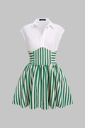 Striped Lapel Ruched Sleeveless Mini Dress