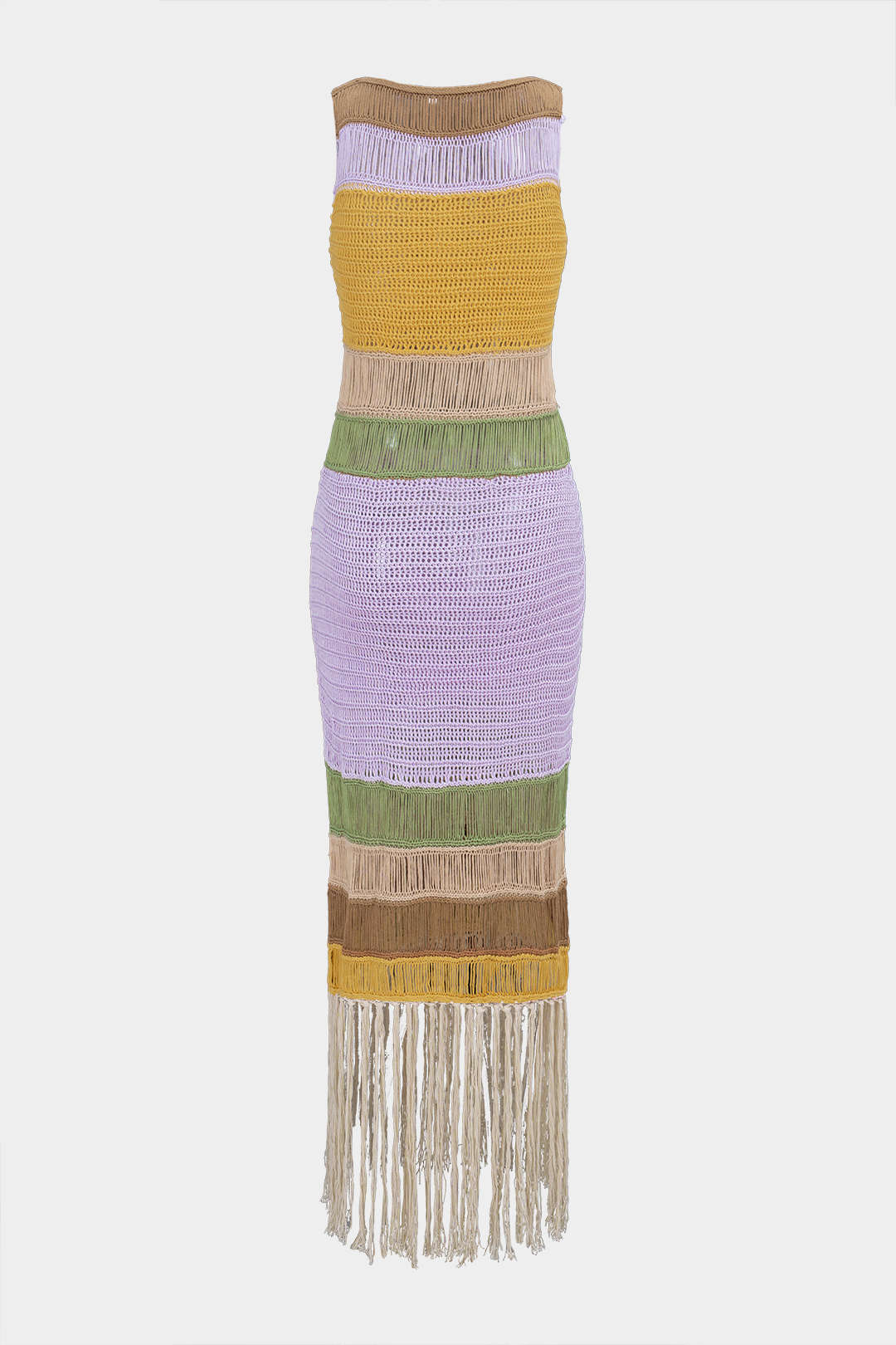 Knit Multicolor Round Neck Fringe Sleeveless Dress