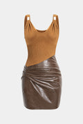 Faux Leather Jacquard Metallic Patchwork Ruched Sleeveless Midi Dress