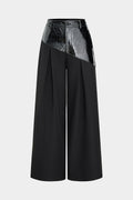 Faux Leather Patchwork Asymmetrical Straight Leg Pants