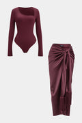 Solid Ruched Long Sleeve Bodysuit And Satin Knotted Wrap Skirt Set
