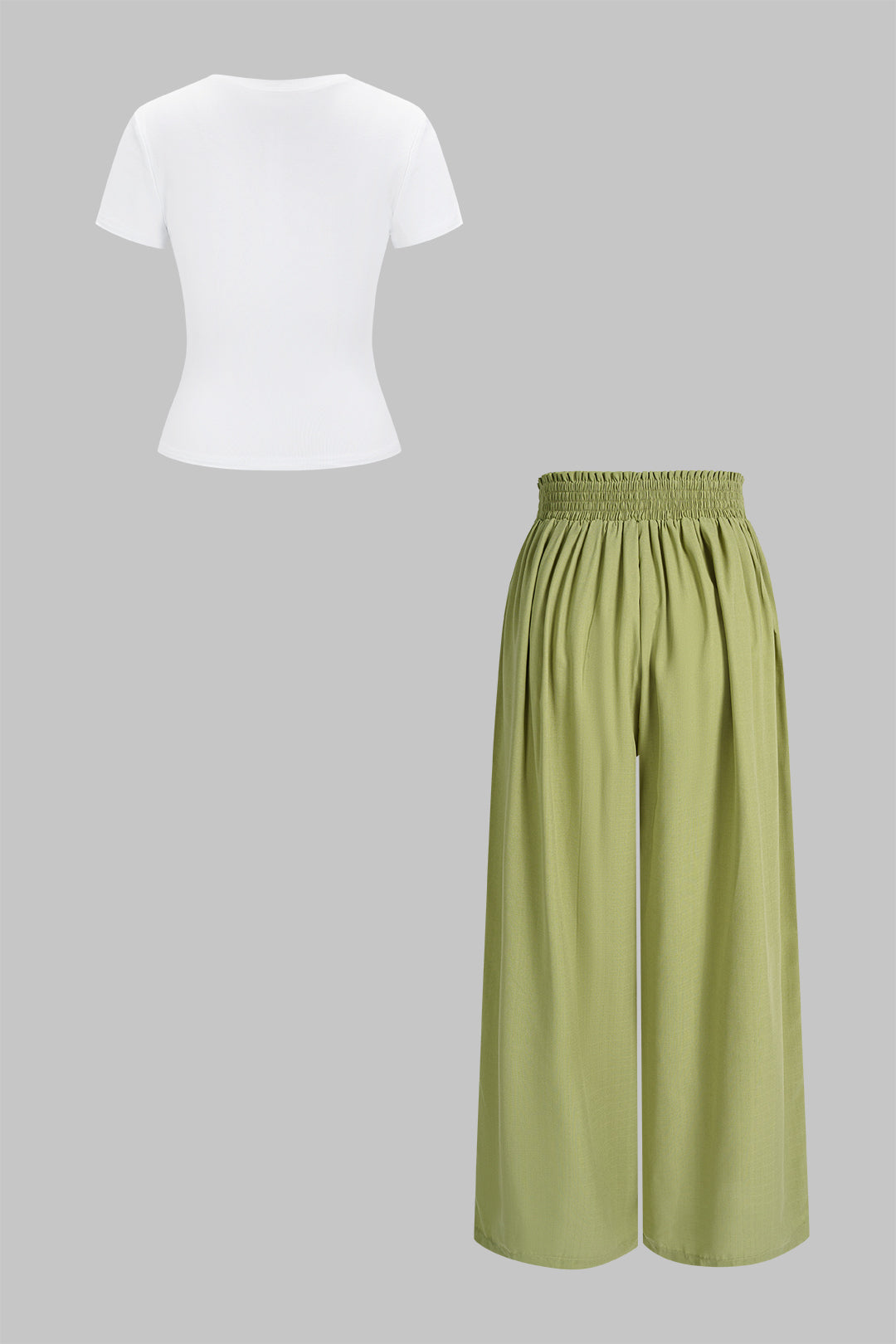 Round Neck Short Sleeve Top And Bow Wide Leg Pants Set