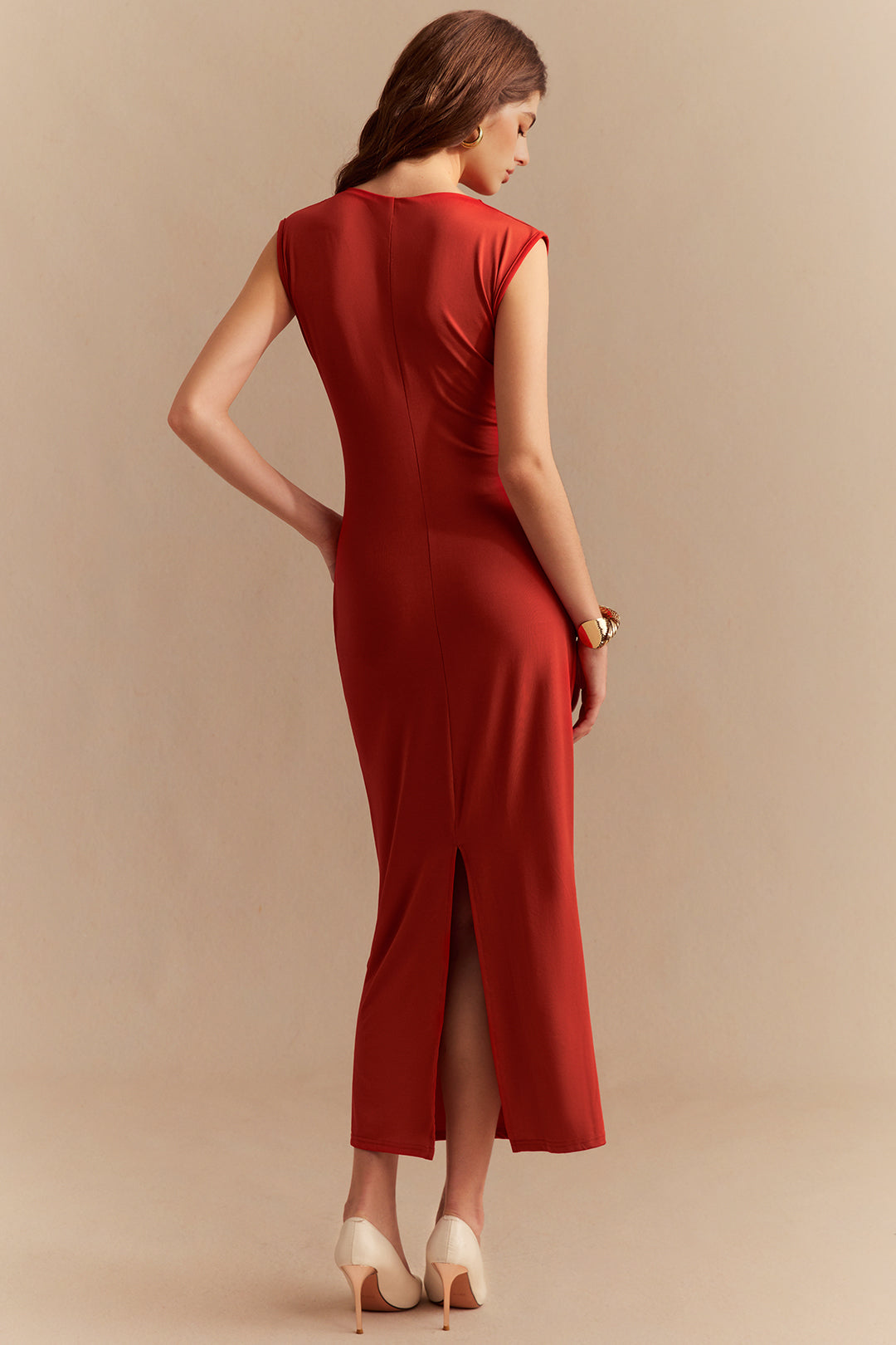 Ruched Sleeveless Midi Dress