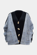 Denim Patchwork V-Neck Pocket Sweater Cardigan